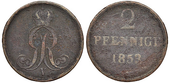 Брауншвейг-Каленберг-Ганновер 2 пфеннига 1853 B, Георг V (1851-1866) KM 217,aKS 152, J. 84 медь 4142-151