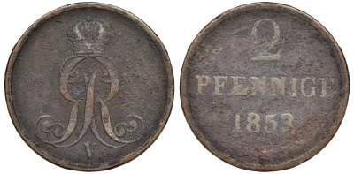 Брауншвейг-Каленберг-Ганновер 2 пфеннига 1853 B, Георг V (1851-1866) KM 217,aKS 152, J. 84 медь 4142-151