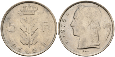 Бельгия 5 франков 1975 Belgie, Бодуэн I (1951-1993) KM 135.1 медно-никель  UNC  4187-317