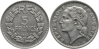 ФРАНЦИЯ 5 ФРАНКОВ 1933 KM 888 никель 413-2541