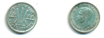 Австралия 3 пенса 1948 m, Георг VI (1937-1952), без букв KM 37a серебро 46-544