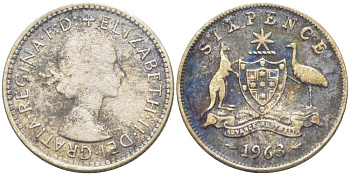 АВСТРАЛИЯ 6 ПЕНСОВ 1963 m, ЕЛИЗАВЕТА II (1953-), ГЕРБ АВСТРАЛИИ, ПРОБА 500, ДИАМЕТР 28,5 ММ. KM 58 серебро 4516-132