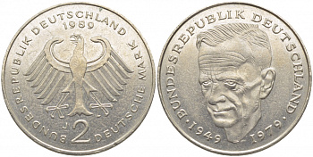 ФРГ 2 МАРКИ 1989 J, КУРТ ШУМАХЕР KM 149, J. 424 медно-никель плакированный никелем 3856-411
