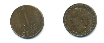Нидерланды 1 цент 1948 Вильгельмина (1890-1948), год тип KM 175 бронза 80-947
