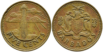 Барбадос 5 центов 1973 маяк Саут-Пойнт KM 11 латунь 4398-456
