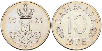 Дания 10 эре 1973 S. B, Маргрете II (1972-) КМ 860.1 медно-никель    4169-223