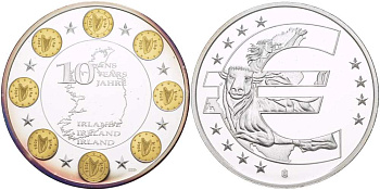 НИДЕРЛАНДЫ МЕДАЛЬ 2012 СЕРИЯ 10 ЛЕТ ЕВРО, ИРЛАНДИЯ, СЕРЕБРЕНИЕ, ПОЗОЛОТА, ДИАМЕТР 40 ММ., ПОХИЩЕНИЕ ЕВРОПЫ PROOF 1082-6-41