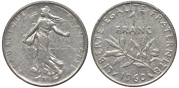 Франция 1 франк 1960 сеятель KM 925.1, Le Franc 226.4 никель 25-2346