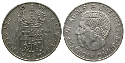 Швеция 1 крона 1973 Густав VI Адольф (1950-1973) KM 826а медь плакированная медно-никелем 89-1651