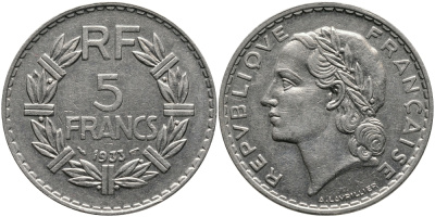ФРАНЦИЯ 5 ФРАНКОВ 1933 KM 888 никель 413-2541