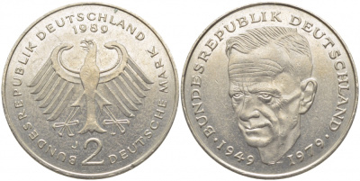 ФРГ 2 МАРКИ 1989 J, КУРТ ШУМАХЕР KM 149, J. 424 медно-никель плакированный никелем 3856-411