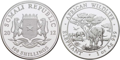 Сомали 100 шиллингов 2012 серия охрана окружающей среды, африканские слоны, 1 унция KM NEW серебро  PROOF 1076-7-43