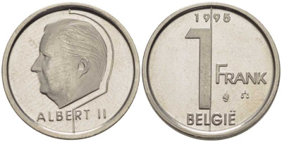 БЕЛЬГИЯ 1 ФРАНК 1995 BELGIE, АЛЬБЕРТ II (1993-) KM 188 железо плакированное никелем 206-233