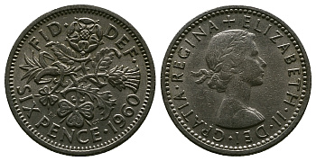 Великобритания 6 пенсов 1960 Елизавета II (1952-2022) KM 903, Spink 4149 медно-никель 4381-728