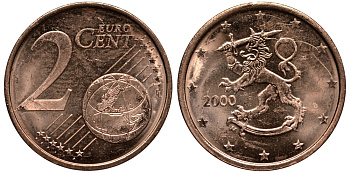 ФИНЛЯНДИЯ 2 ЕВРОЦЕНТА 2000 KM 99 сталь плакированная медью UNC 4181-457
