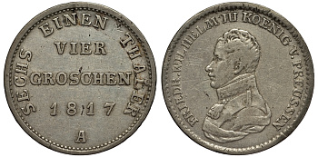 Пруссия 4 гроша 1817 A, ФРИДРИХ ВИЛЬГЕЛЬМ III (1797-1840) KM 394 серебро 00-00