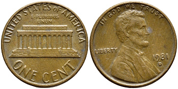 США 1 ЦЕНТ 1981 D, ЛИНКОЛЬН KM 201 медь цинк 4396-449