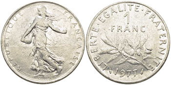 ФРАНЦИЯ 1 ФРАНК 1977 СЕЯТЕЛЬ KM 925.1, LE FRANC 226.22 никель 175-543