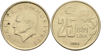 Турция 25000 лир 1998 Мустафа Кемаль Ататюрк KM 1041 медь цинк никель 4595-536