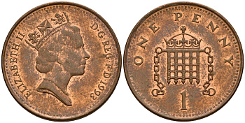 Великобритания 1 пенни 1993 Елизавета II (1952-2022) KM 935a, Spink 4391 (B4) сталь плакированная медью 4154-1012
