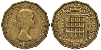 Великобритания 3 пенса 1954 Елизавета II (1952-2022) KM 900, Spink 4153 никель латунь 4128-836