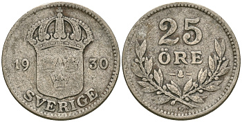 Швеция 25 эре 1930 G, Густав V (1907-1950) KM 785 серебро 4608-928