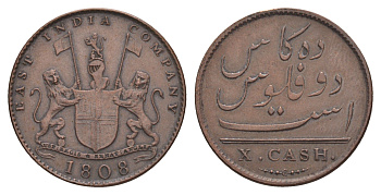 Британская Индия (Ост-Индская компания) 10 кэш 1808 вес 4,7 гр KM 320 медь 1516-1613