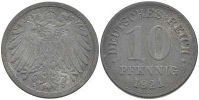 ГЕРМАНИЯ 10 ПФЕННИГОВ 1921 (1917-1922) KM 26, J. 299, Weege 8 цинк 210-254