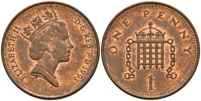 Великобритания 1 пенни 1993 Елизавета II (1952-2022) KM 935a, Spink 4391 (B4) сталь плакированная медью 4154-1012