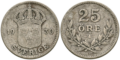 Швеция 25 эре 1930 G, Густав V (1907-1950) KM 785 серебро 4608-928
