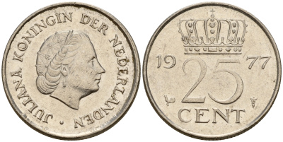 Нидерланды 25 центов 1977 Юлиана (1948-1980) KM 183 никель  4598-519