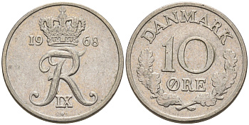 ДАНИЯ 10 ЭРЕ 1968 ФРИДЕРИК IX KM 849.1 медно-никель 4564-1226
