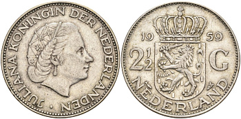 Нидерланды 2 1/2 гульдена 1959 Юлиана (1948-1980) KM 185 серебро 4131-1116