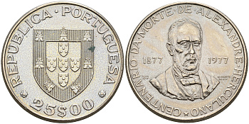 Португалия 25 эскудо 1977 100 лет со дня смерти Александро Геркулано KM 608 медно-никель  UNC  4161-845