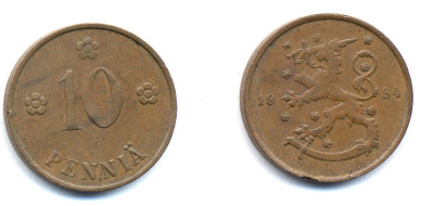 Финляндия 10 пенни 1934 республика (1918-1962) KM 24 медь 51-5342