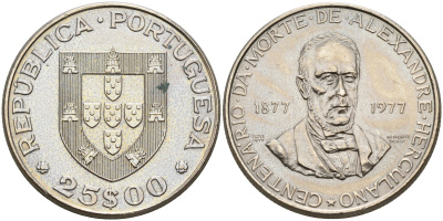 Португалия 25 эскудо 1977 100 лет со дня смерти Александро Геркулано KM 608 медно-никель  UNC  4161-845