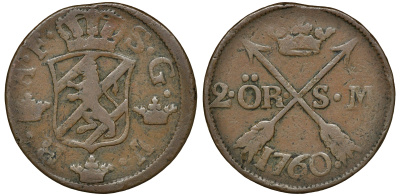 Швеция 2 эре 1760 S.M. Адольф Фредерик (1751-1771) диаметр 34 мм, вес 28,3 гр KM 461 медь 4179-322