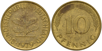 ФРГ 10 пфеннигов 1979 G J. 383, KM 108 сталь плакированная латунью    4603-447