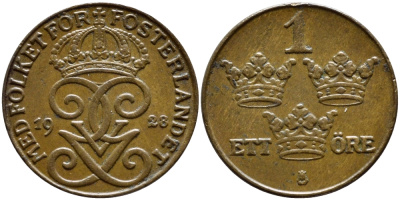 Швеция 1 эре 1928 Густав V (1907-1950) KM 777.2 бронза 4396-217