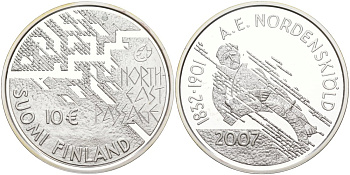 Финляндия 10 евро 2007 175 лет со дня рождения Нильс Адольфа Эрика Норденшёльда, первопроходец Северно-Восточного морского пути KM 134 серебро  PROOF 11-151-11