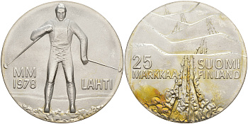 Финляндия 25 марок 1978 K-N, 21 Чемпионат мира по лыжным видам спорта 1978 в Лахти KM 56 серебро UNC 1523-645
