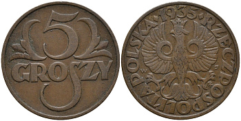 ПОЛЬША 5 ГРОШЕЙ 1935 w KM 10a бронза 80-712