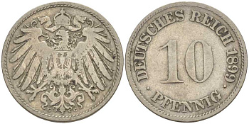 ГЕРМАНИЯ 10 ПФЕННИГОВ 1899 G KM 12, J. 13 медно-никель 4401-1047