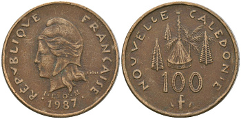 Французская Новая Каледония 100 франков 1987 хижина среди сосен и пальм, (IEOM) KM 15, Schoen 16, Lec 135 никель латунь 4137-1032
