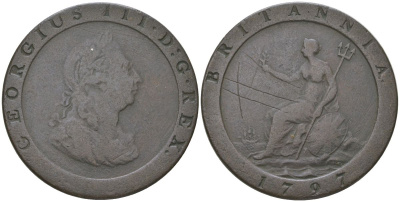 Великобритания 1 пенни 1797 Георг III (1760-1820) KM 618, Spink 3777 медь 4537-121