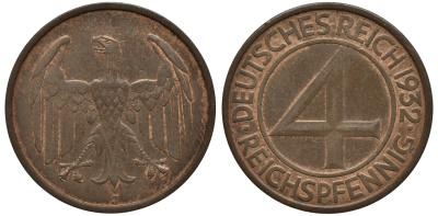 Германия 4 рейхспфеннига 1932 J KM 75, J. 315 медь 1525-313