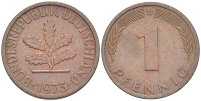 ФРГ 1 ПФЕННИГ 1973 D KM 105, J. 380 сталь плакированная медью 4181-569