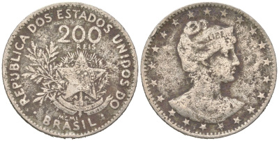 Бразилия 200 реалов 1901 MCMI, голова свободы вправо KM 504 медно-никель 4612-342