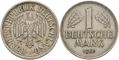 ФРГ 1 марка 1961 J KM 110, J. 385 медно-никель 4159-1045