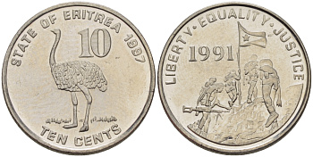 Эритрея 10 центов 1997 страус KM 45 сталь плакированная никелем UNC 67-1244